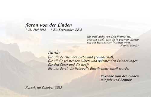 SL 2004 Berge, Trauerdankkarte, Trauer mit Motiv Berglandschaft im Sonnenuntergang, Umschlag mit Seidenfutter