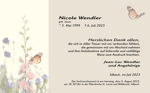 Trauerdanksagung mit Bild einer Blumenwiese und Schmettelingen sowie abgeflautem Bereich für den Text