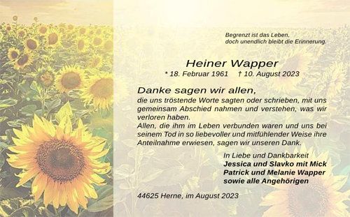 Trauerdankkarte, wundeschönes Bild eines Sonnenblumenfelds und abgeflautem Bereich für den Text und Hülle mit Seidenfutter